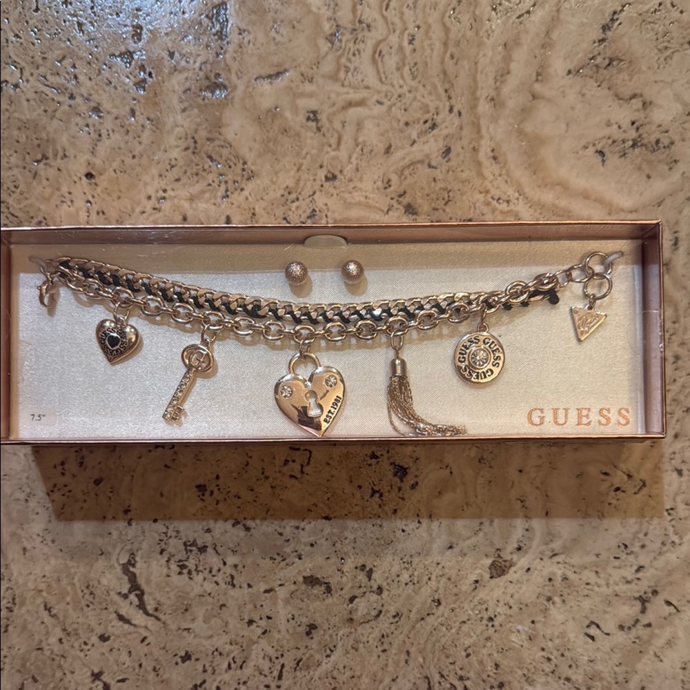 Guess New Gold and Black Charm Bracelet and Earrings Gift Set
